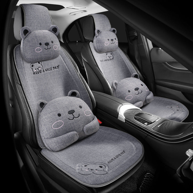 Auto-Sitzkissen Set - Süßer Bär - Kopfstütze & Lendenkissen aus Leinen