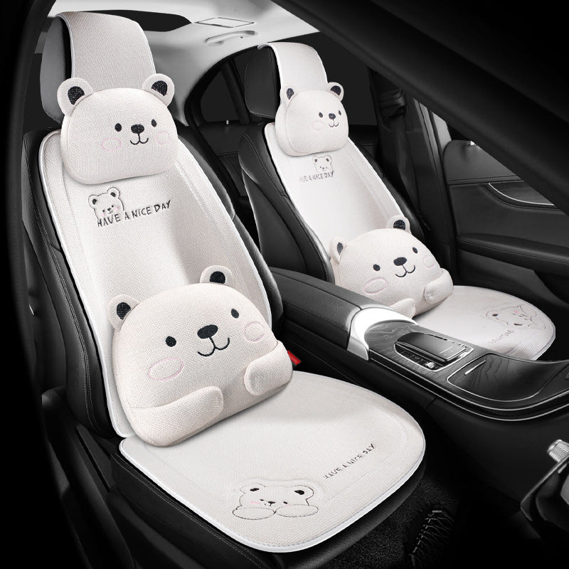 Auto-Sitzkissen Set - Süßer Bär - Kopfstütze & Lendenkissen aus Leinen